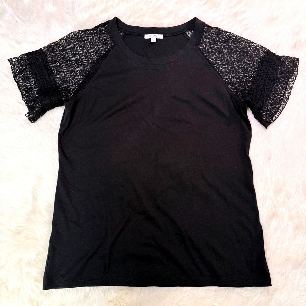 Maette Lace Sleeve Top Womens Large Black Raglan Crew Neck Cotton Modal Blouse